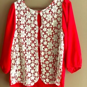 LaurenConrad 3/4 sleeve red blouse beige lace back